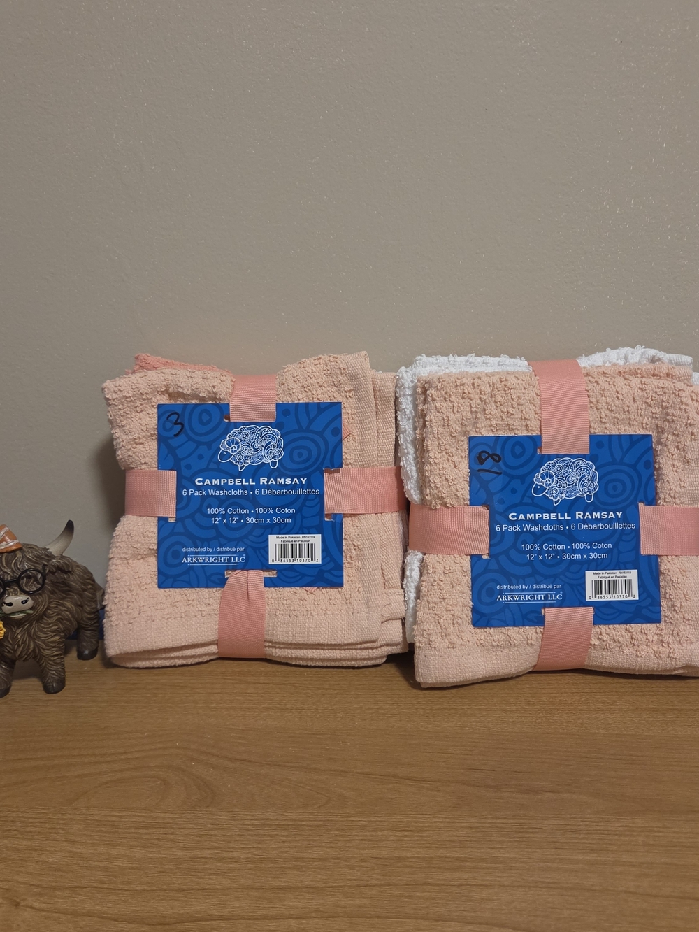 Campbell Ramsay 2 Sets Of 6 Pack Washcloths 100% Cotton 12" x 12" Peach